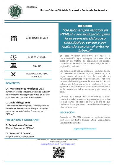 WEBINAR. Xestión en prevención en PEMES e sensibilización para a prevención do acoso psicolóxico, sexual e por razón de sexo no entorno laboral"