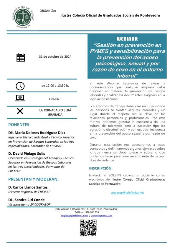 WEBINAR. Xestión en prevención en PEMES e sensibilización para a prevención do acoso psicolóxico, sexual e por razón de sexo no entorno laboral"