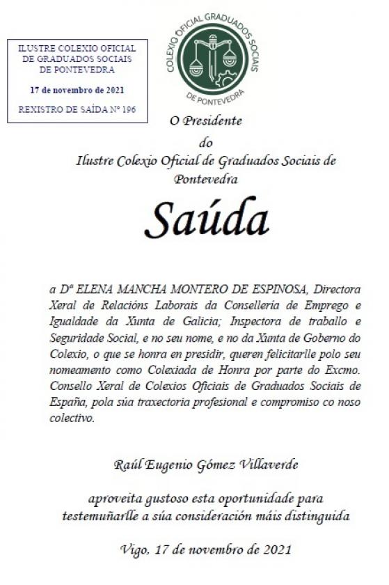 Dª. Elena Mancha Montero de Espinosa, nomeada Colexiada de Honra polo Consello Xeral
